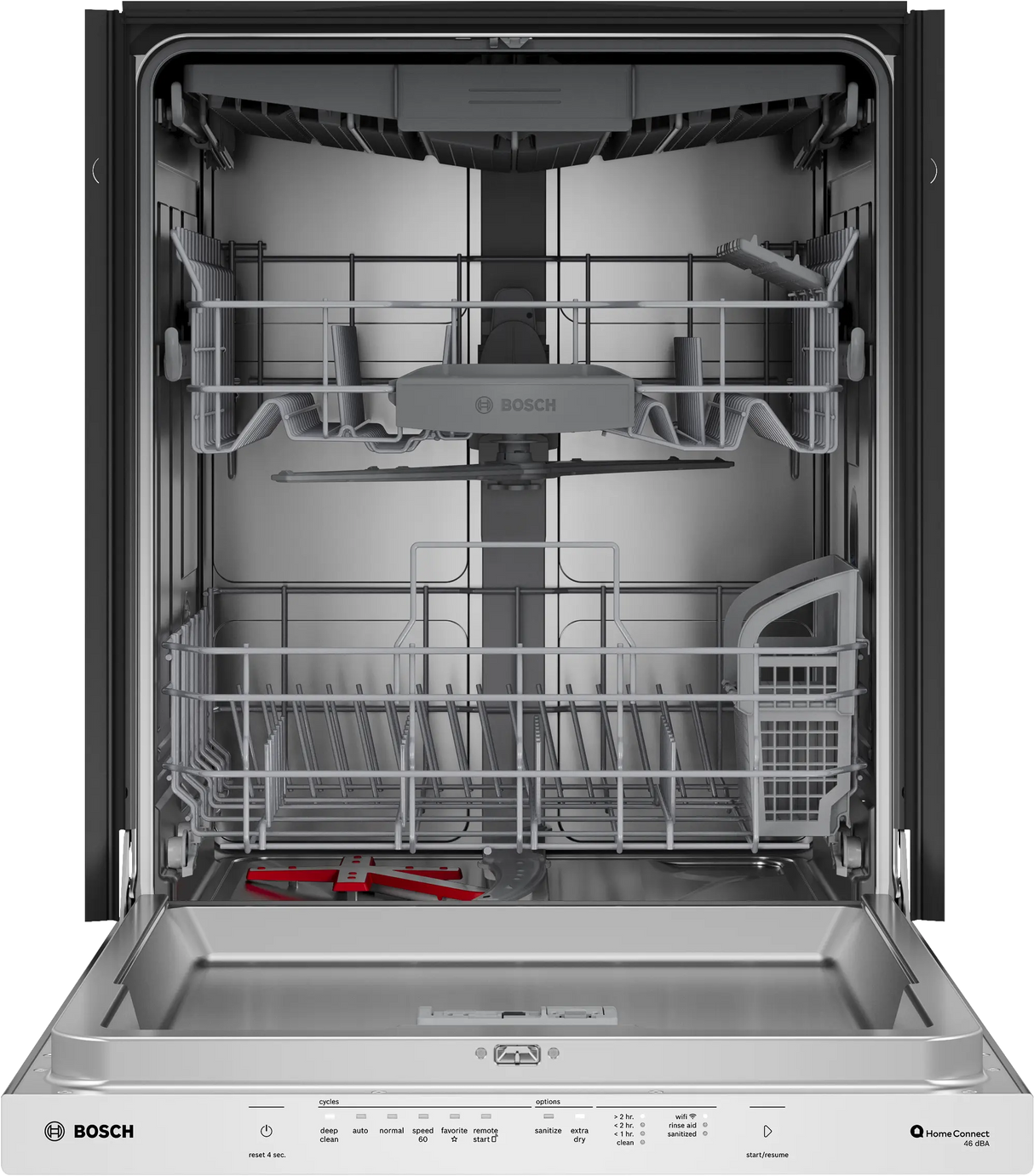 Bosch SHP53EM5N door open showing stainless steel interior and racks