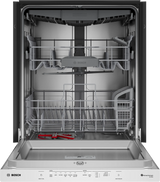 Bosch SHP53EM5N door open showing stainless steel interior and racks