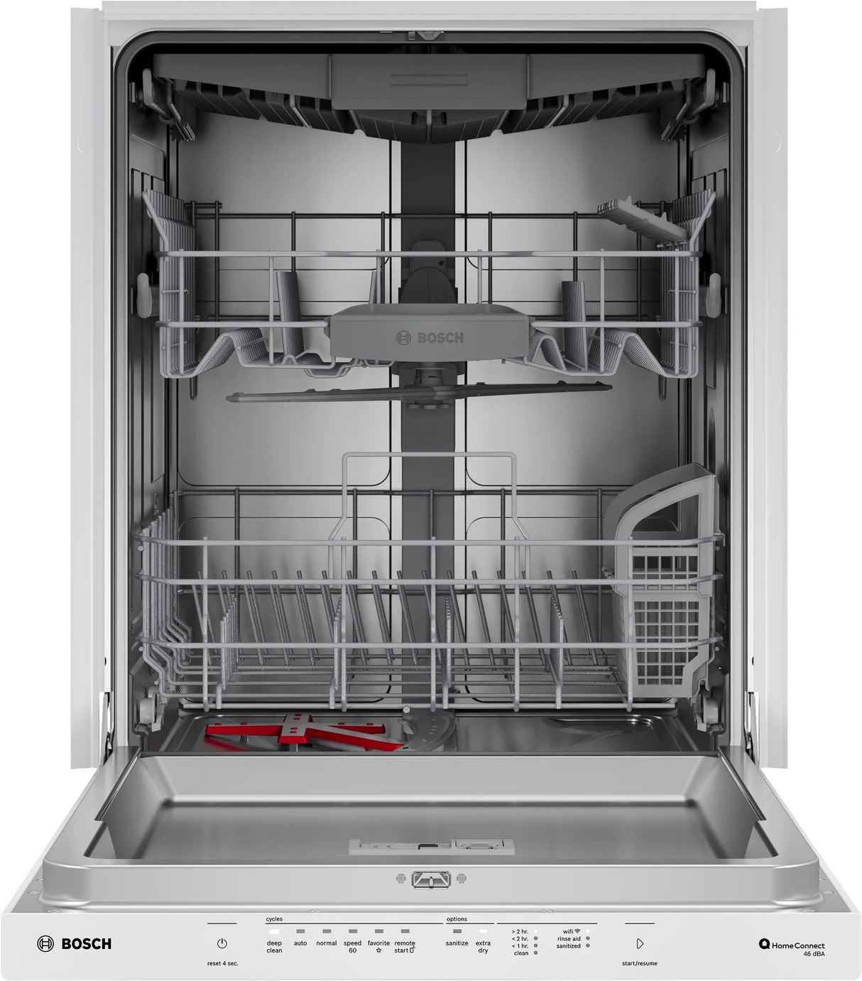 Bosch SHP53EM2N door open showing stainless steel interior and racks