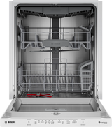 Bosch SHP53EM2N door open showing stainless steel interior and racks