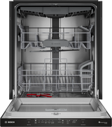 Bosch SHP53EM6N door open showing stainless steel interior and racks