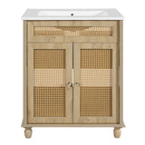 Bathroom Vanity With Handwoven Rattan Doors, Resin Basin - Natural Wood