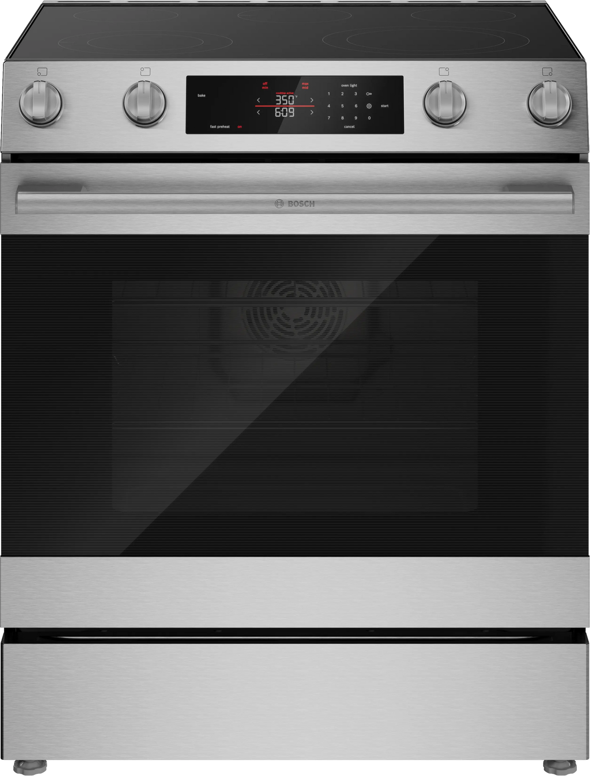 Bosch HEF3050MU 30 inch stainless steel electric slide-in range front view