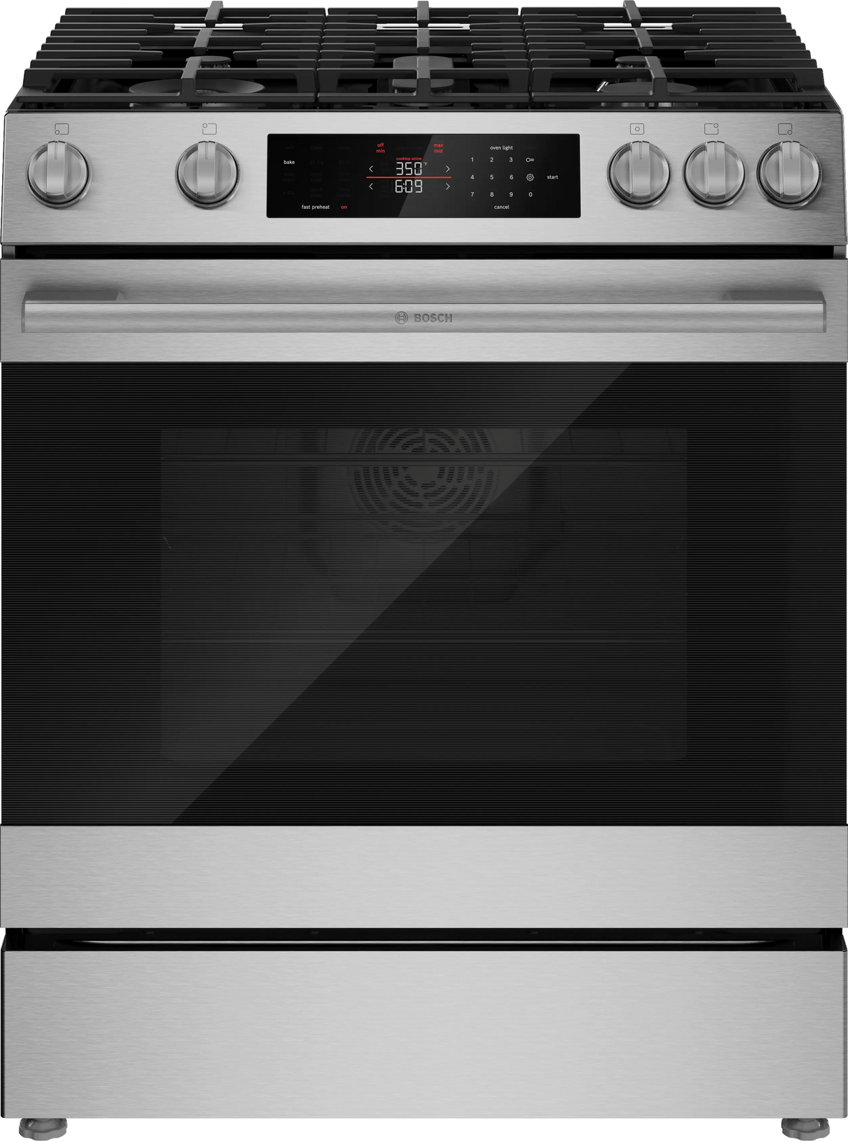 Bosch HGF3050MUC 30 inch stainless steel gas slide-in range front view