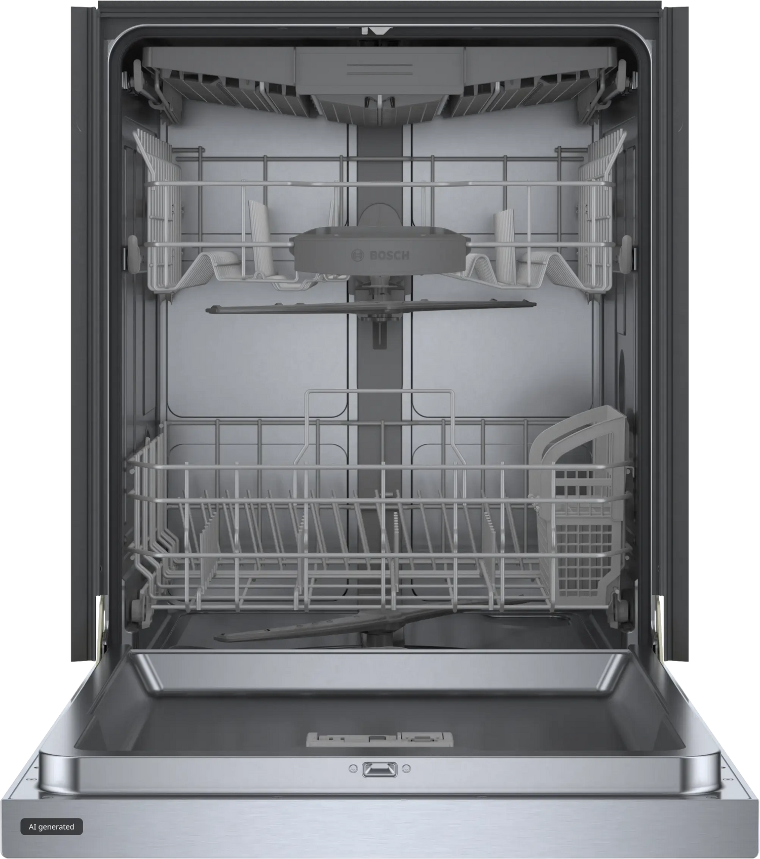Bosch SHE43DM5N dishwasher door open with racks pushed in
