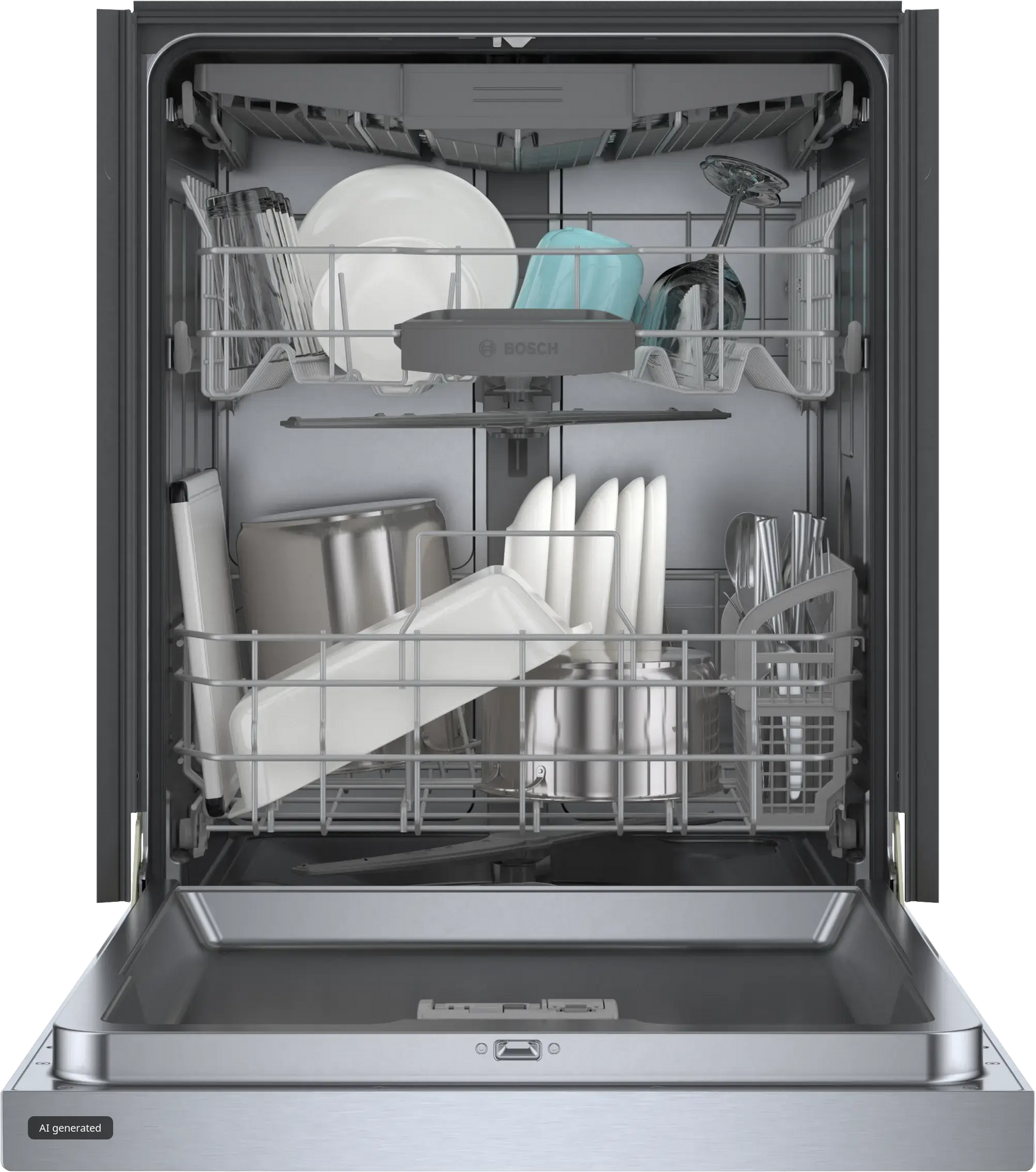 Bosch SHE43DM5N dishwasher door open with loaded racks