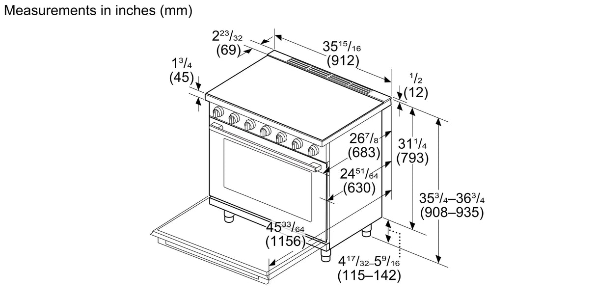 Bosch HIS5657U induction range line drawing isometric view