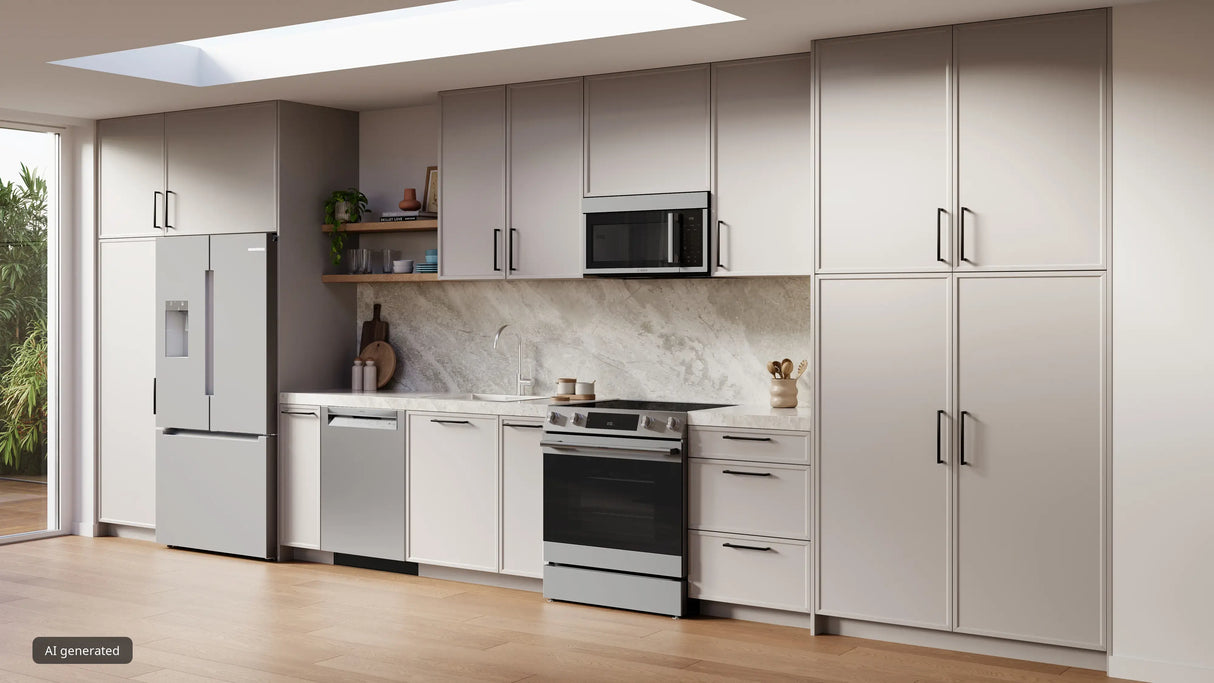 Bosch HEF3050MU electric slide-in range installed in kitchen angled view