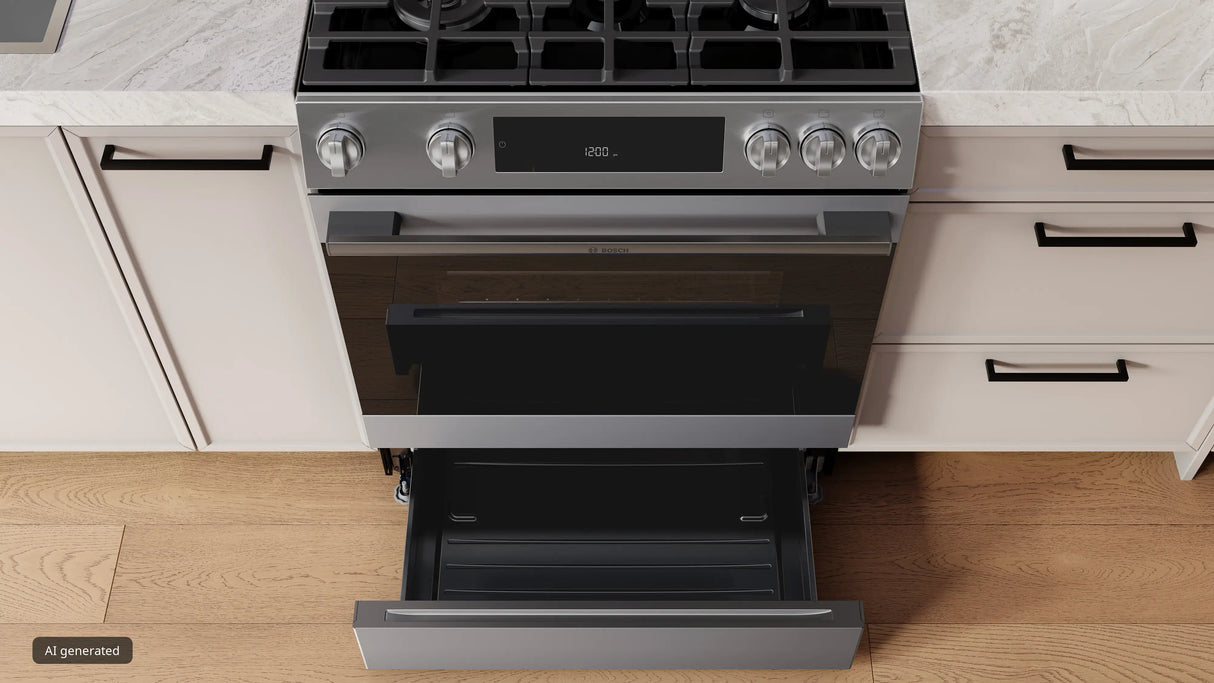 Bosch HGF3050MUC gas range with storage drawer open