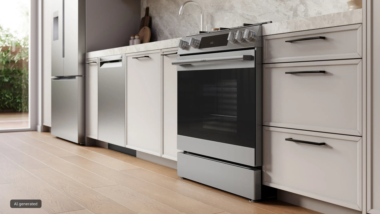 Bosch HGF3050MUC gas range close up angled with oven door closed