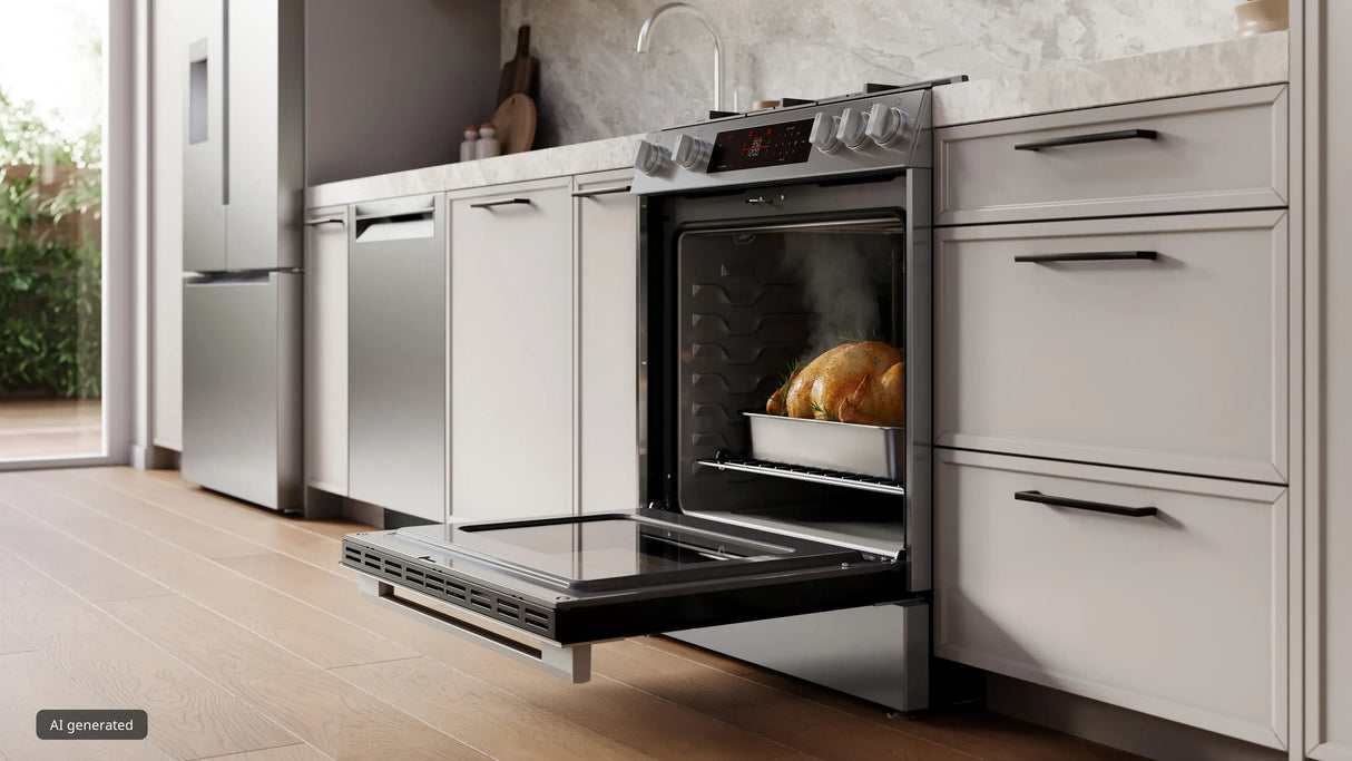 Bosch HGF3050MUC gas range close up angled with oven door open