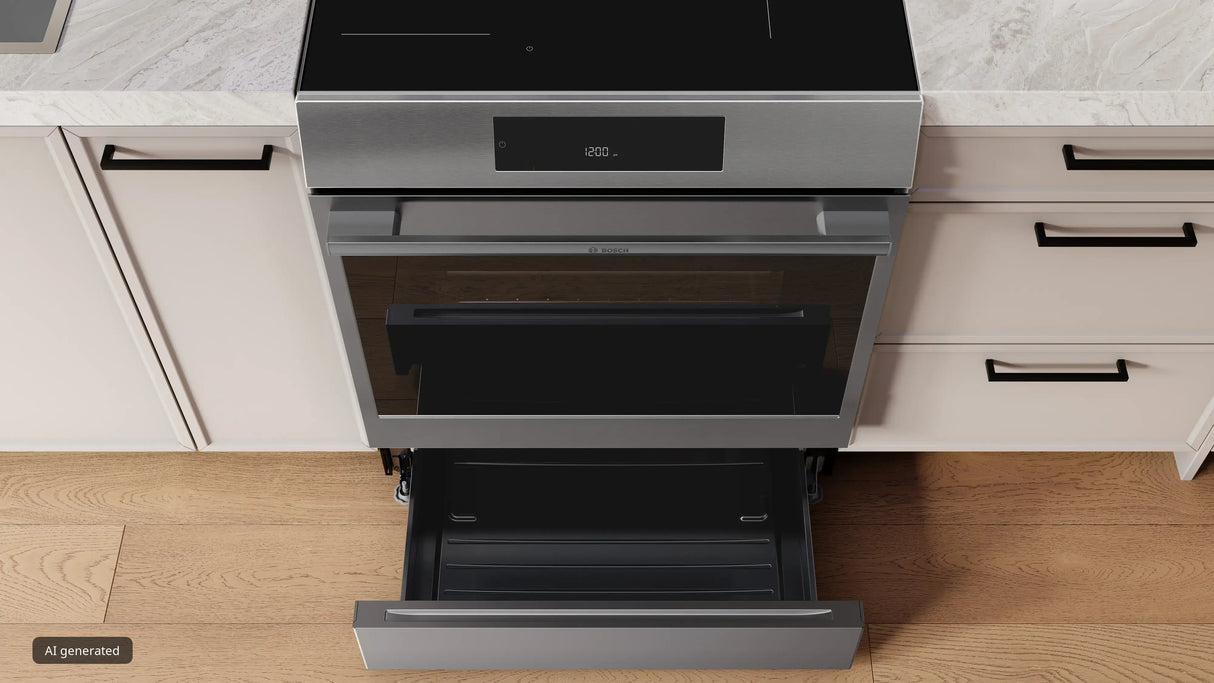 Bosch HIF5050MU induction range with storage drawer open