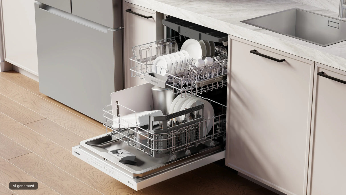 Bosch SHP53EM2N dishwasher angled with door open