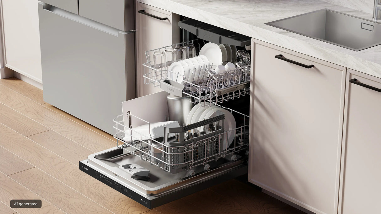 Bosch SHP53EM6N dishwasher angled with door open