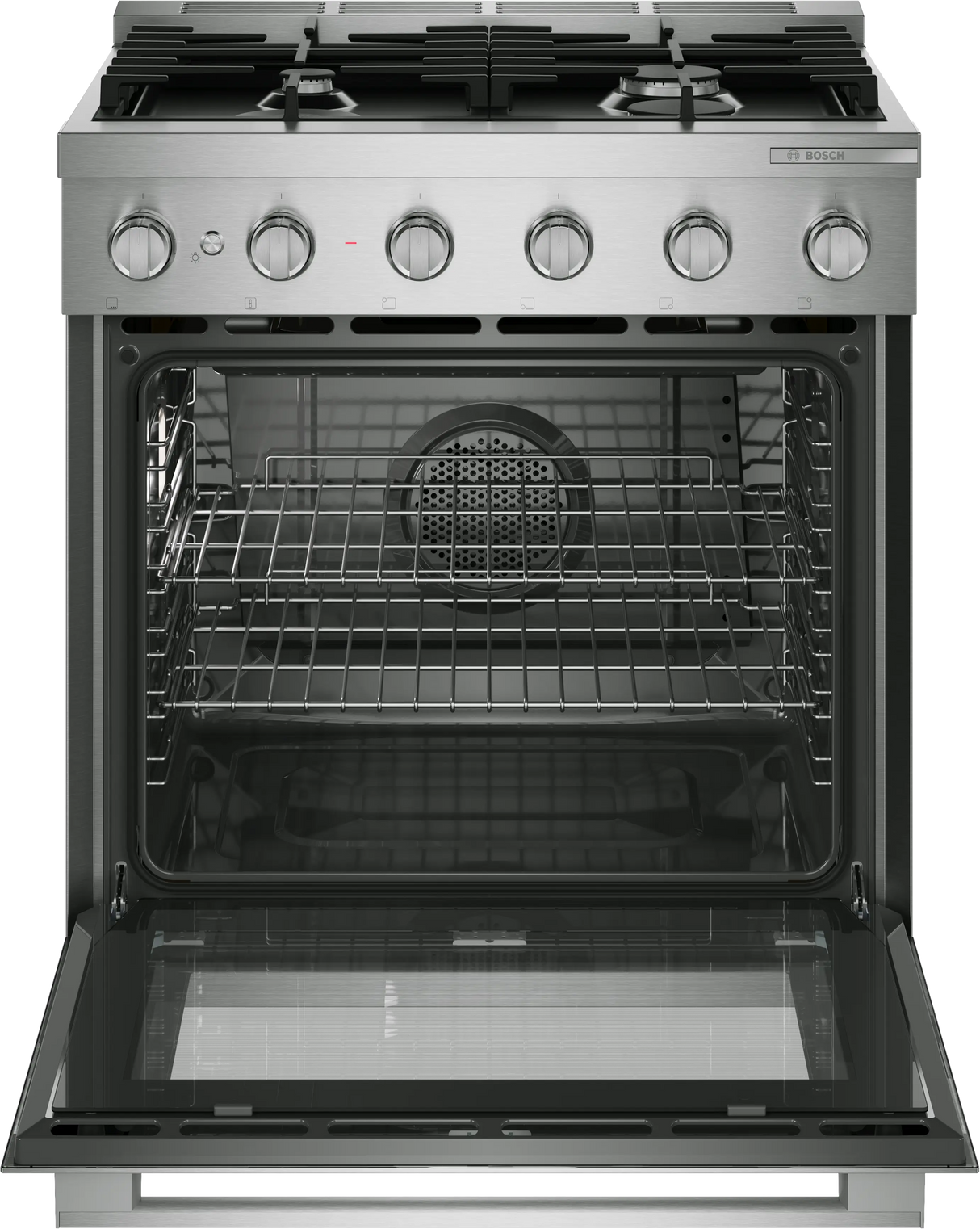 Bosch HDS5057U dual fuel range angled view