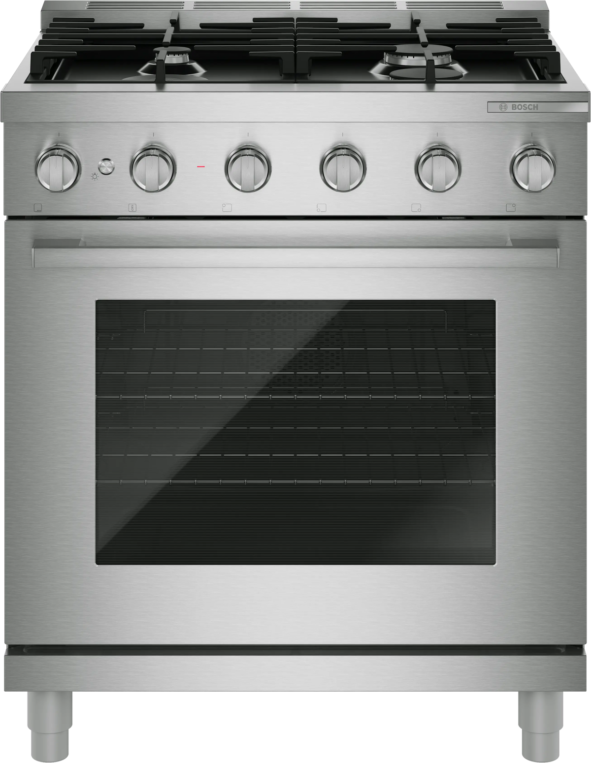 Bosch HGS5057UC 500 Series 30 inch stainless steel industrial style gas range front view