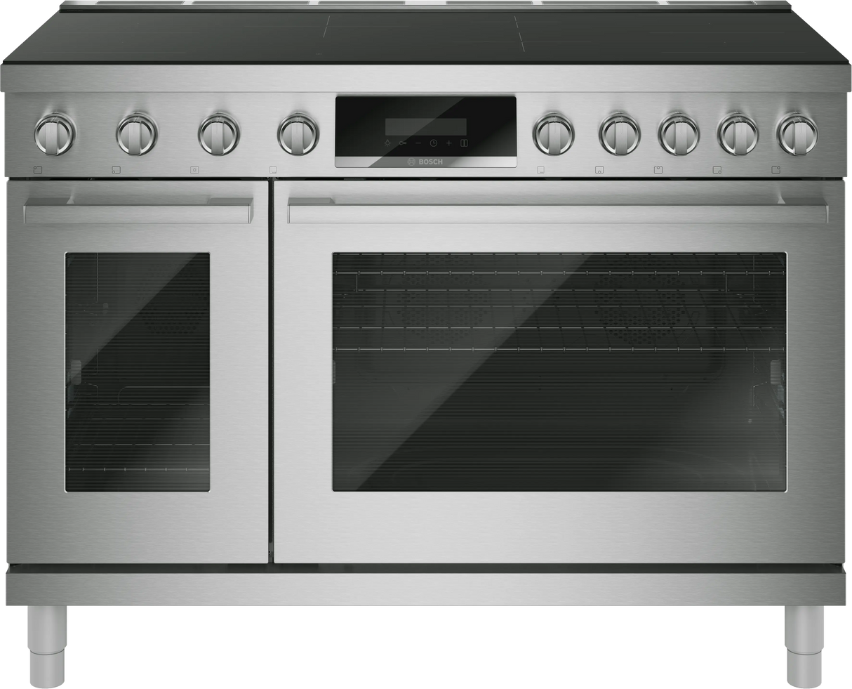Bosch HIS8857UC 48 inch industrial style induction range stainless steel front view