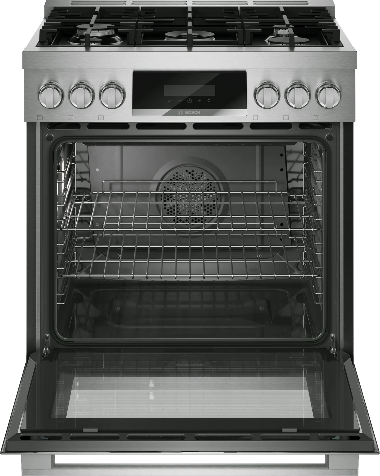 Bosch HDS8057U dual fuel range angled view