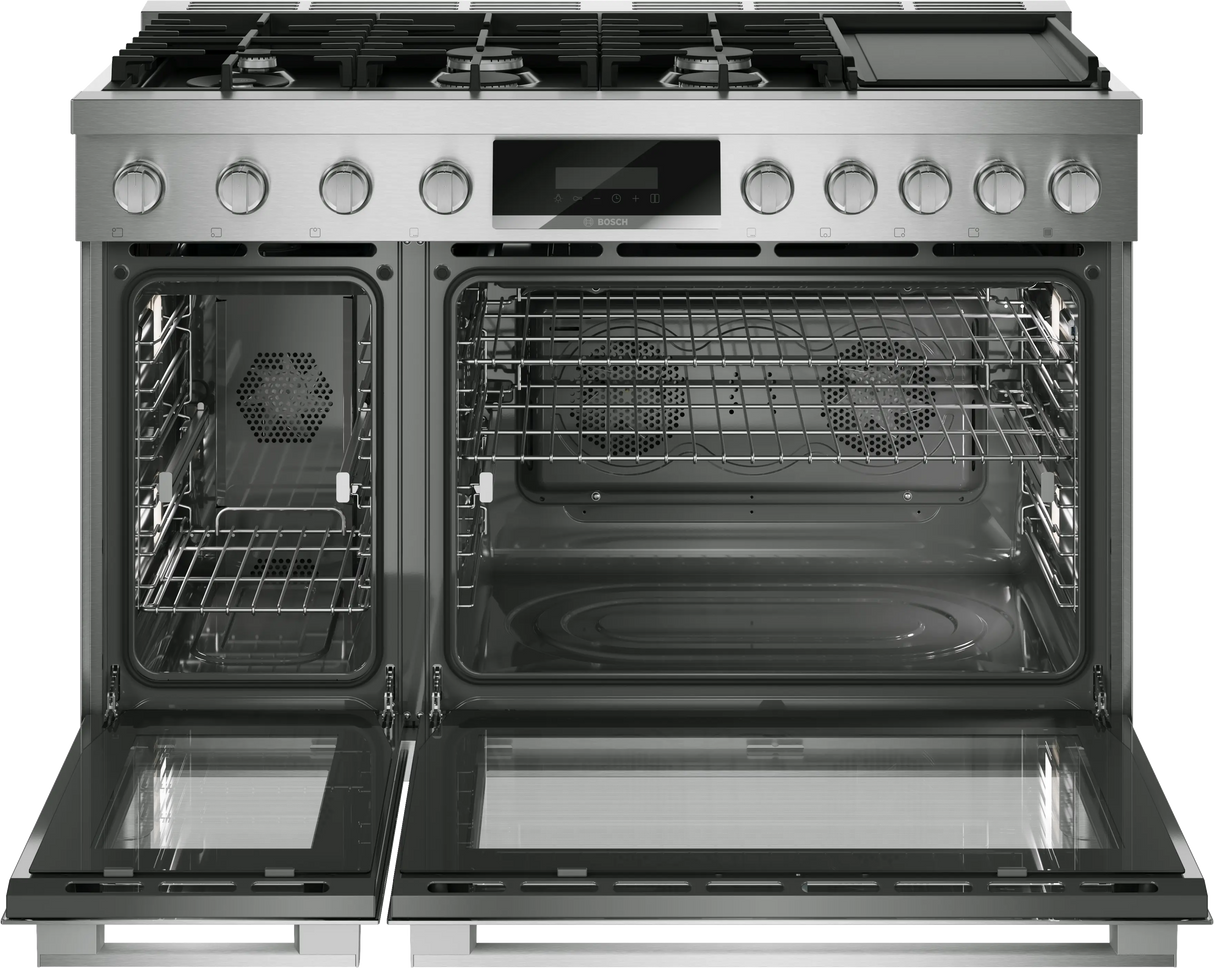 Bosch HDS8857UC dual fuel range angled view