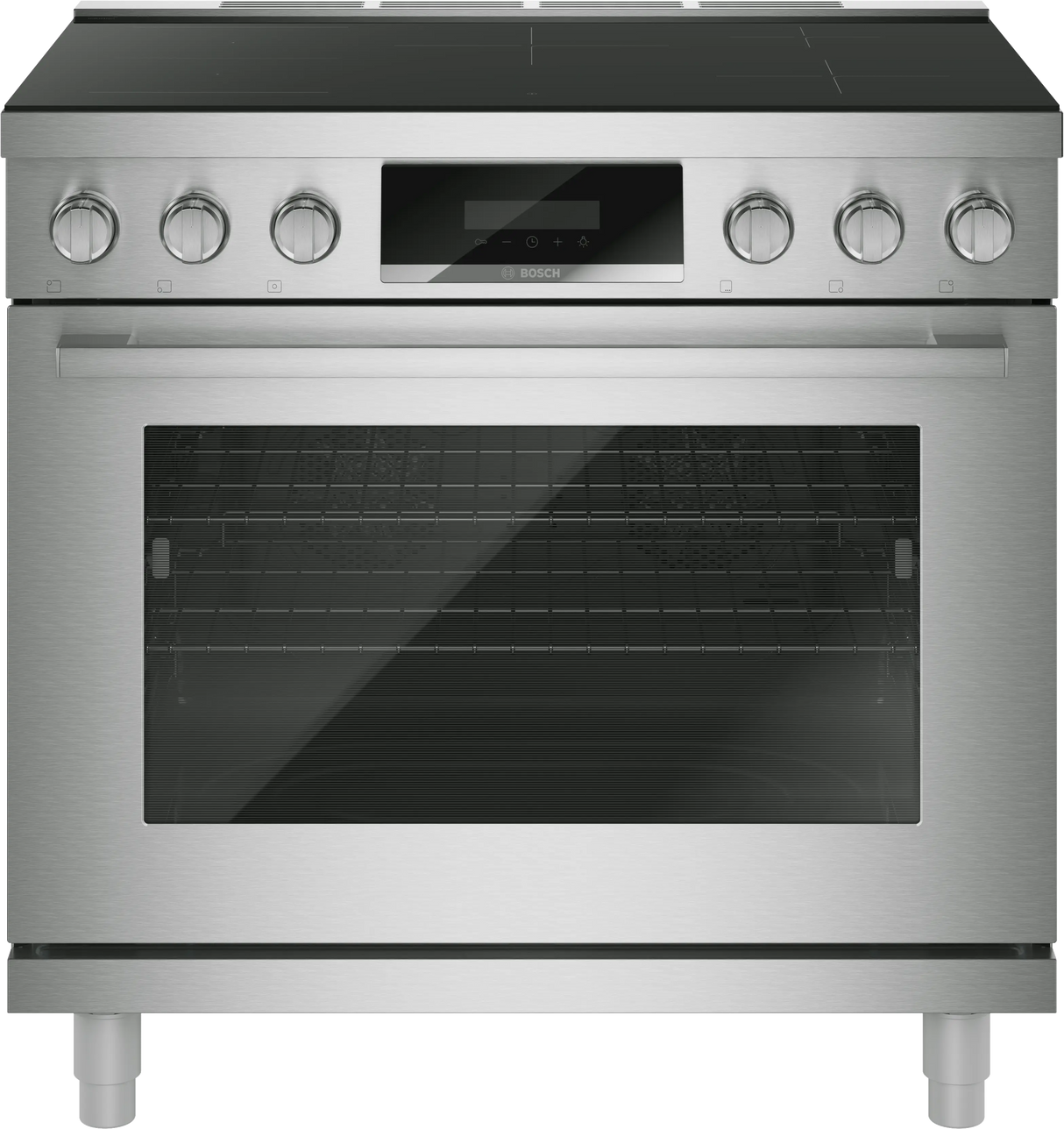 Bosch HIS8657U 36 inch industrial style induction range stainless steel front view