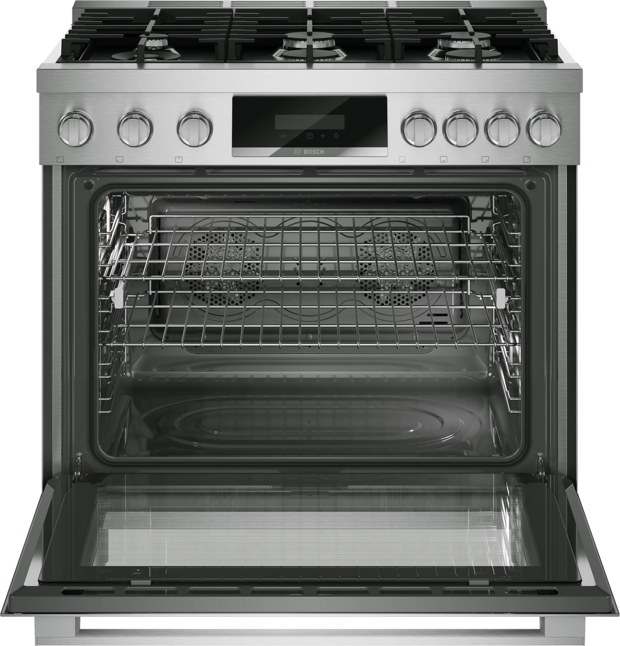 Bosch HDS8657U dual fuel range angled view
