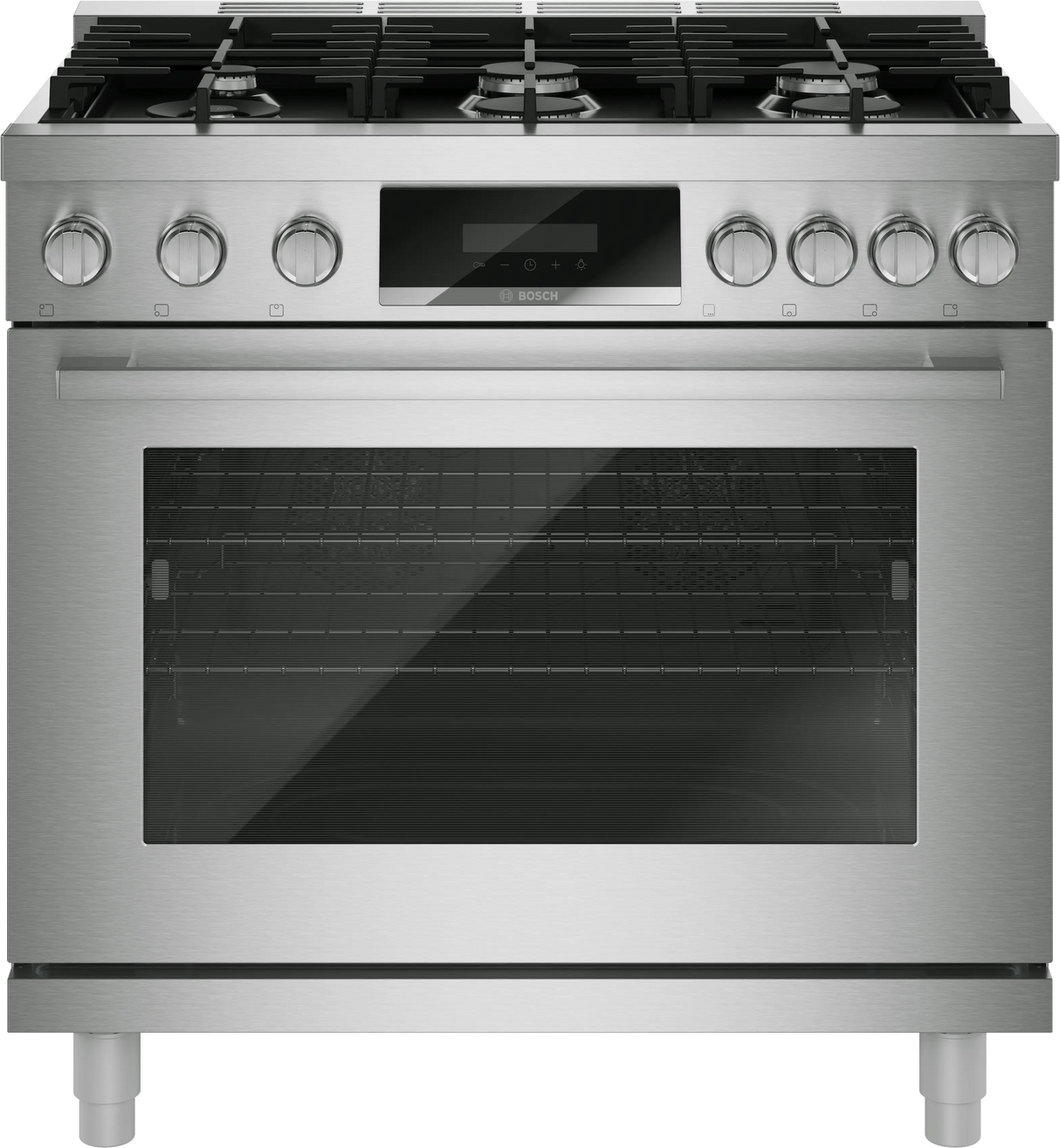 Bosch HDS8657U 36 Inch Dual Fuel Range stainless steel front view