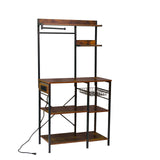 Bakers Rack With Power Outlet, Coffee Bar With S-Shaped Hooks, Kitchen Shelf With Wire Basket - Black / Brown