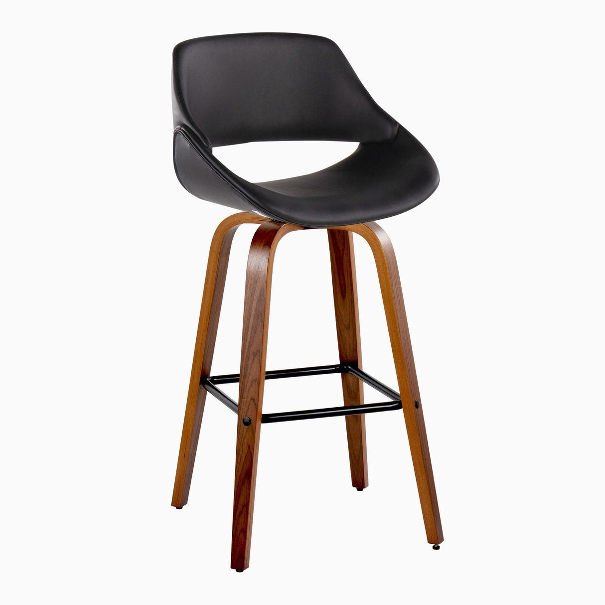 Fabrizzi - 30" Fixed-Height Barstool With Swivel And Square Black Metal Footrest (Set of 2) - Walnut Wood