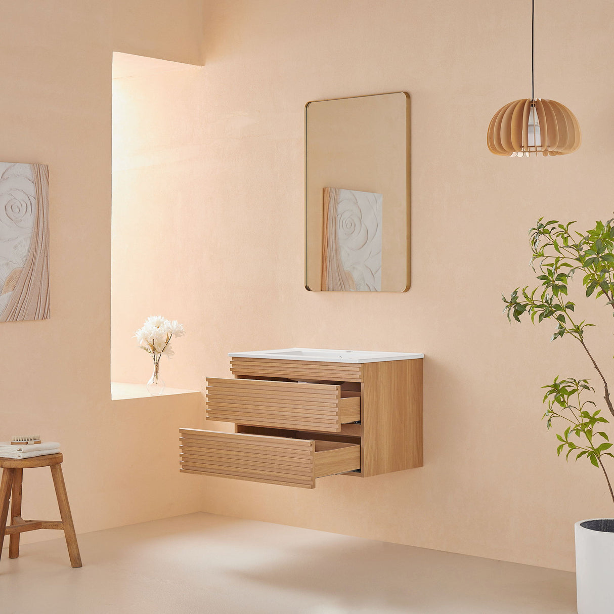 Wall Mounted & Floating Single Vanity With Ceramic Sink - Natural Walnut