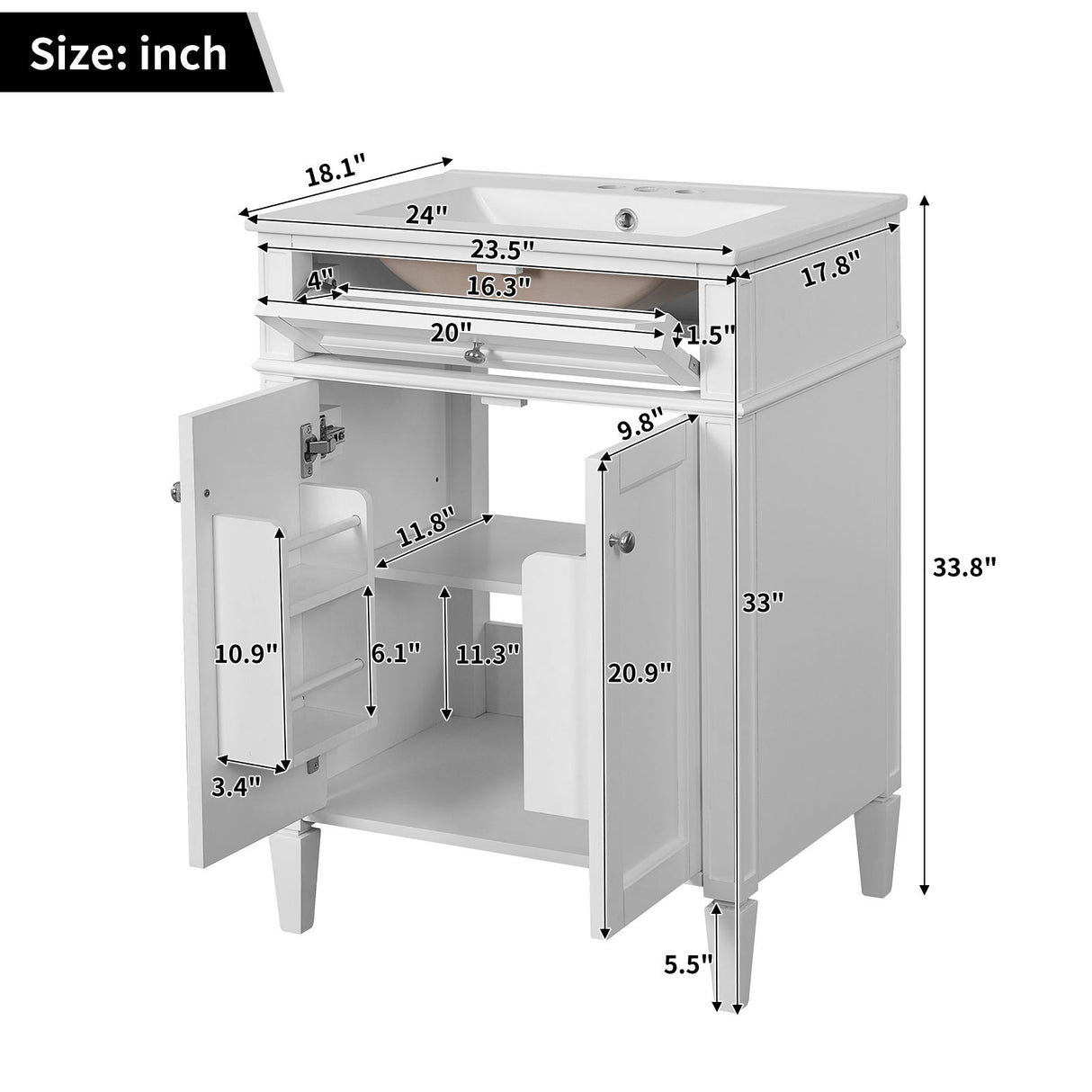 Bathroom Vanity With 2 Doors And Tip Out Drawer, Soft Closing Hinges