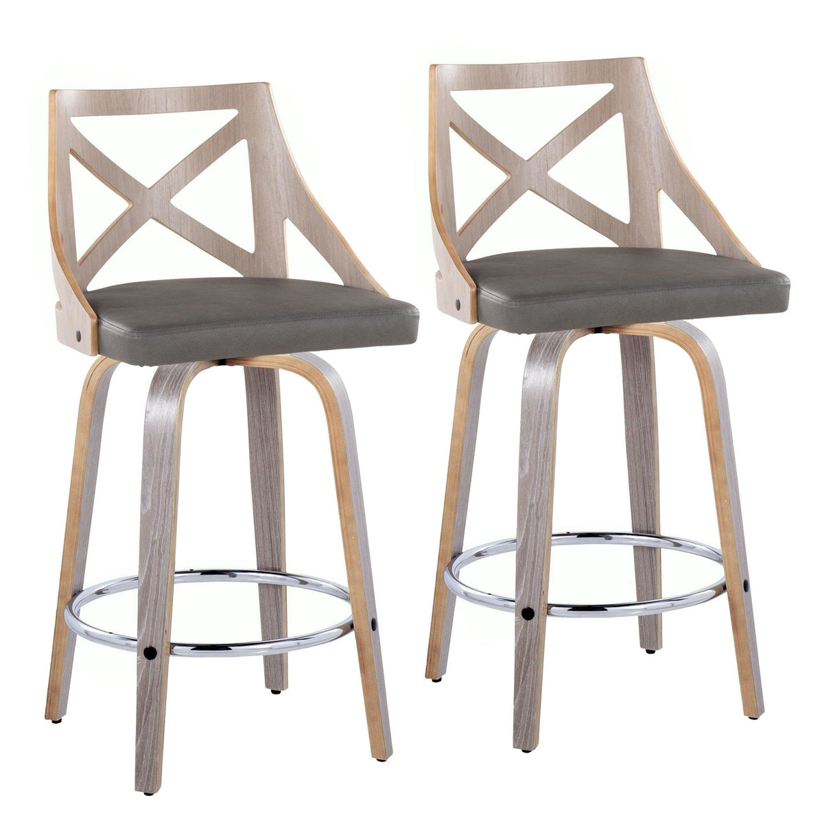Charlotte - Fixed-Height Counter Stool (Set of 2) - Light Gray Wood, Gray Faux Leather, Chrome Metal