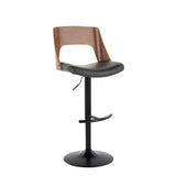 Valencia - Mid-Century Modern Adjustable Swivel Barstool (Set of 2) - Black Metal, Walnut Wood And Black Faux Leather With Rounded T Footrest