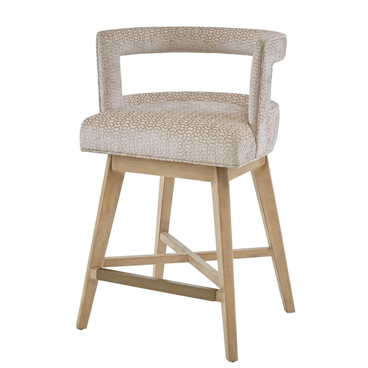 Design Swivel Counter Stool With Low Back Support Polyester And Solid Wood - Cream