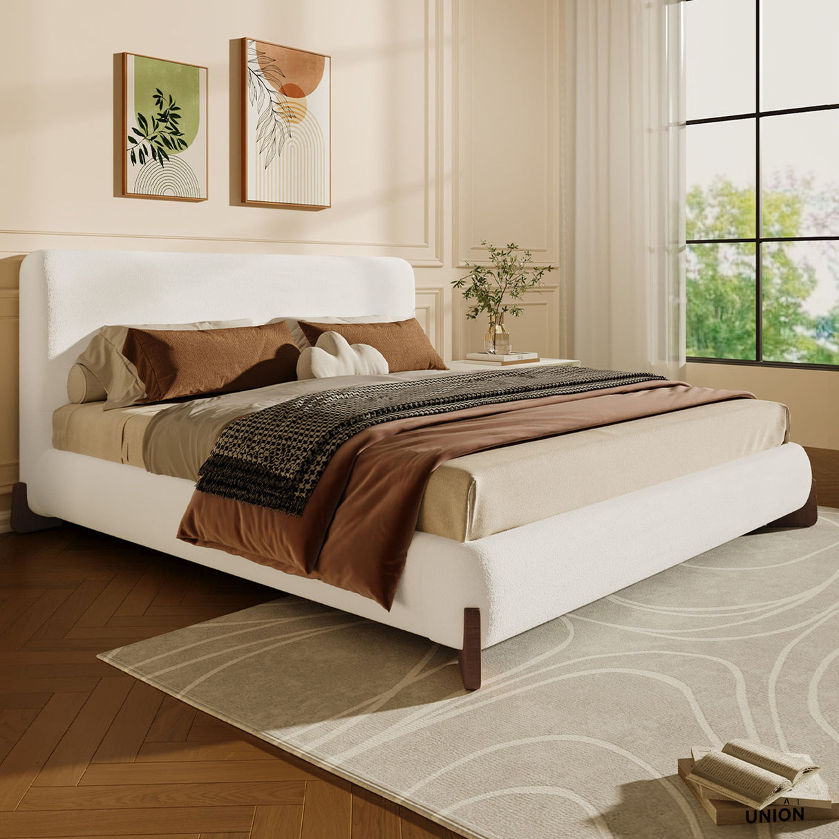 Elegant Boucle Upholstered Bed With Solid Wood Legs