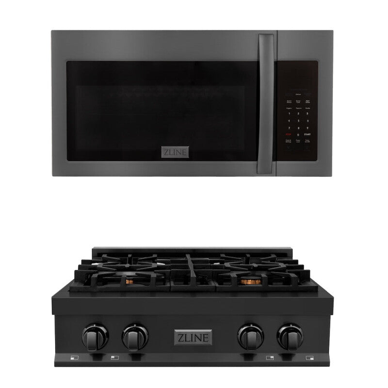 ZLINE Kitchen Package with 30 in. Black Stainless Steel Rangetop and 30 in. Over The Range Microwave with Modern Handle (2KP-RTBOTR30) - (2KPRTBOTR30) -