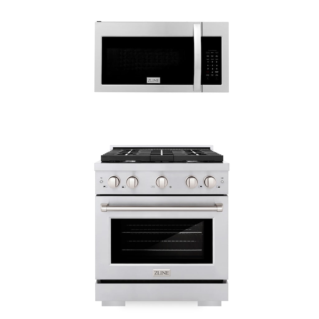 ZLINE 30 in. Kitchen Package Stainless Steel Gas Range and Over The Range Microwave with Modern Handle (2KP-SGROTR30) - (2KPSGROTR30) -