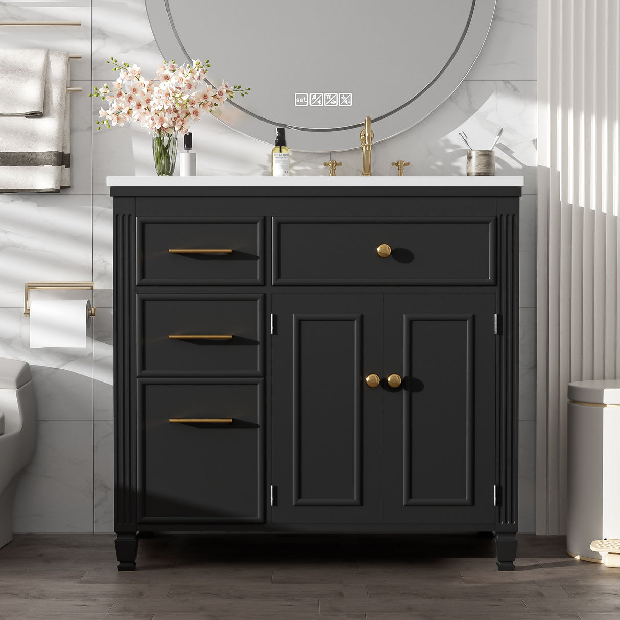 Modern Bathroom Vanity With Ceramic Sink, Freestanding, One Tip Out Drawer, 3 Side Drawers, Adjustable Shelf