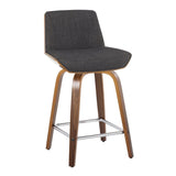 Corazza - Mid-Century Modern Fixed-Height Swivel Counter Stool (Set of 2) - Walnut Wood / Charcoal Fabric With Square Chrome Metal Footrest