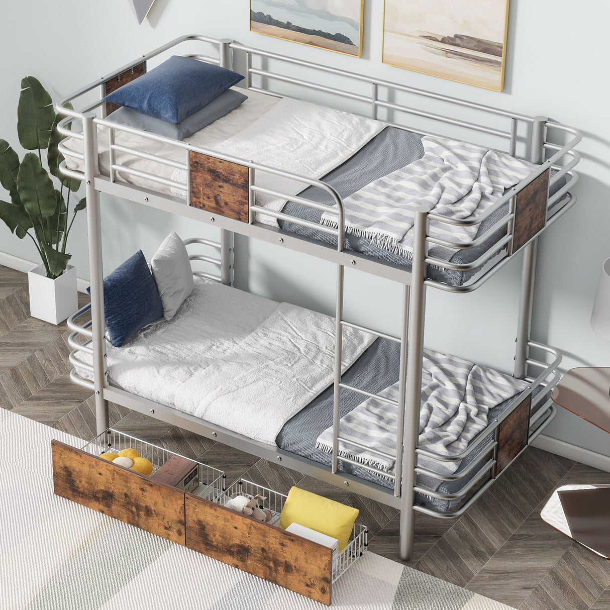 Twin Long Over Twin Long Bunk Bed With Guardrail And 2 Storage Drawers - Silver