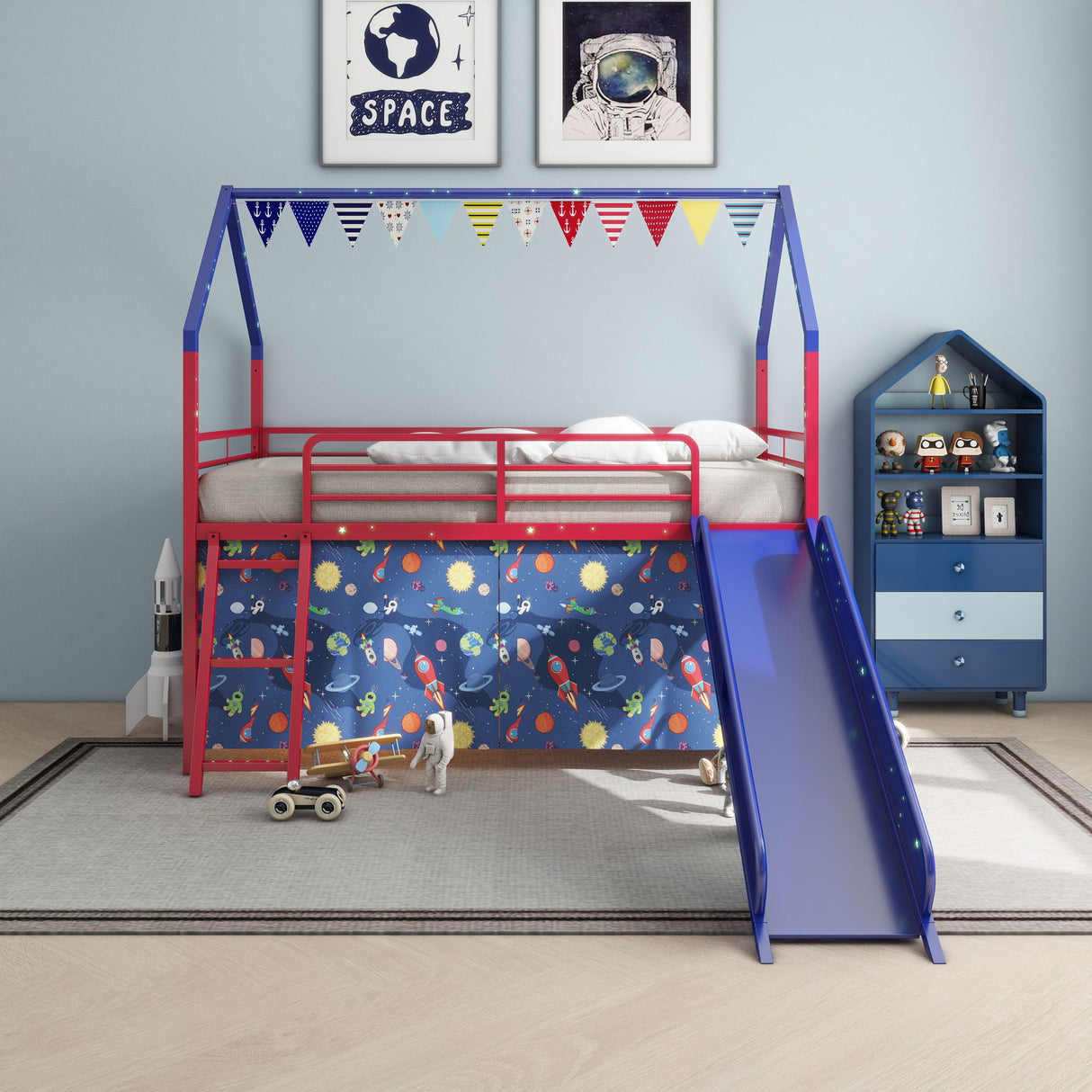 Jack - House Loft Bed With Slide And Curtain Set