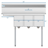 45 in. Three Compartment Stainless Steel Commercial Sink with Drainboard, Bowl Size 10"x 14"x 10" SC101410-12L3.