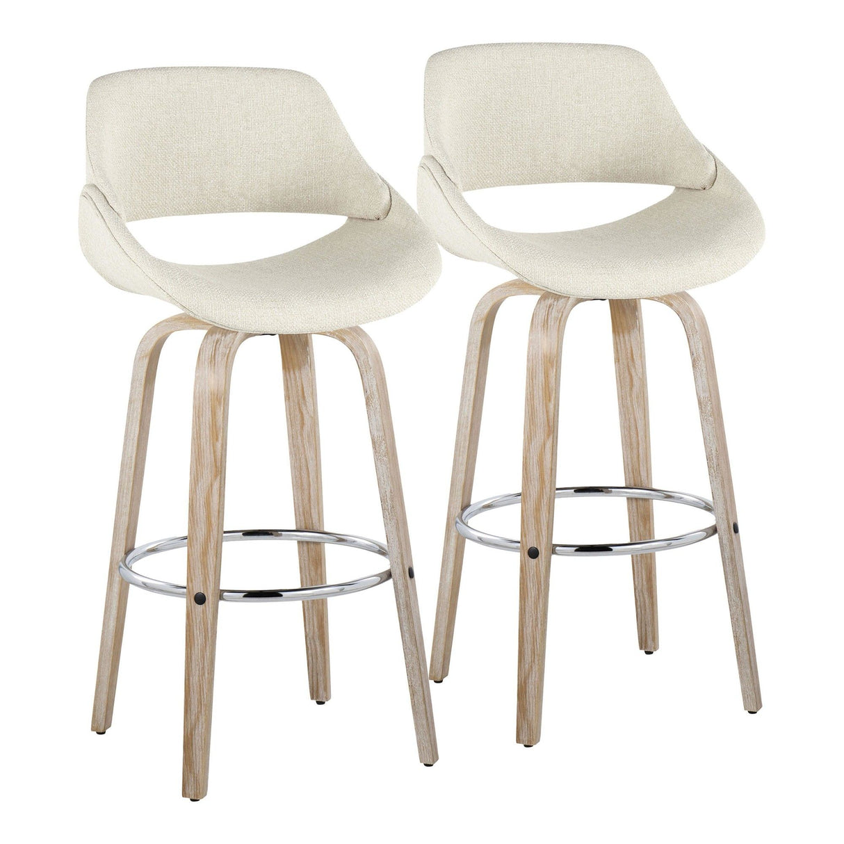 Fabrizzi - 30" Fixed-Height Barstool With Swivel And Round Chrome Metal Footrest (Set of 2) - White Washed Wood And Cream Noise Fabric