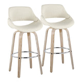 Fabrizzi - 30" Fixed-Height Barstool With Swivel And Round Chrome Metal Footrest (Set of 2) - White Washed Wood And Cream Noise Fabric