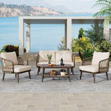 4 Piece Outdoor Patio Furniture Set, Metal Chairs With Woven Rope U Shaped Backrest