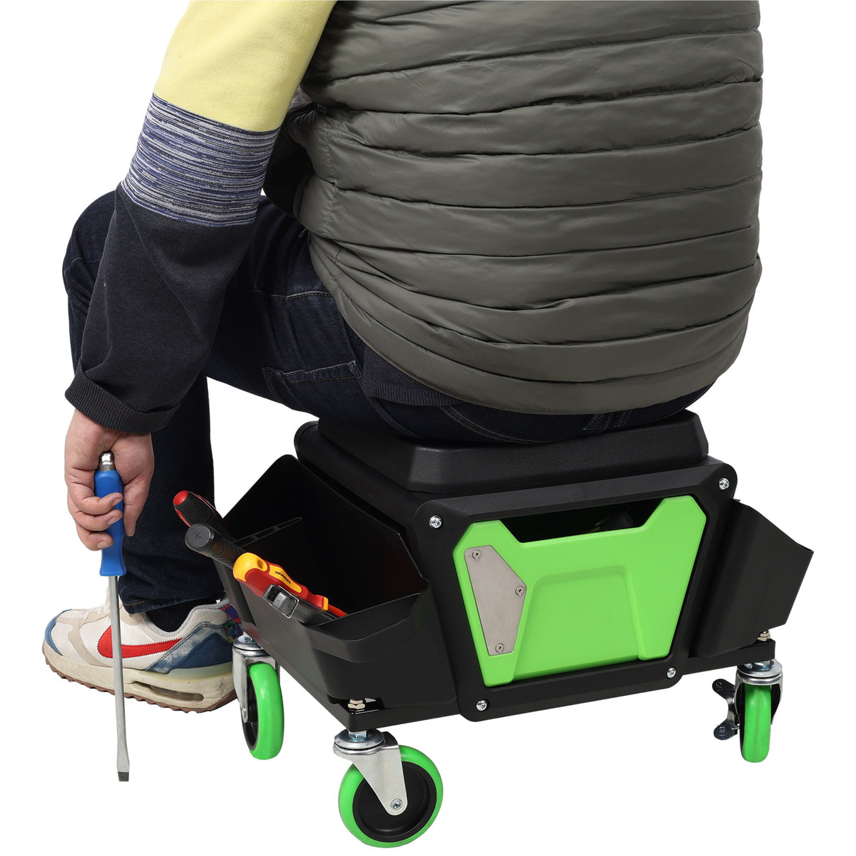 Heavy Duty Mechanic Stool With Wheels And Soft Rubber Cushion And 330Lbs Capacity - Green