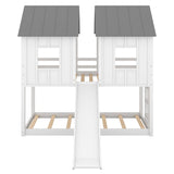 Twin Over Twin House Bunk Bed With Slide And Windows - White