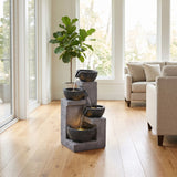 4 Tier Cascading Water Fountain With Warm LED Lights, Quiet Pump For Patio - Gray