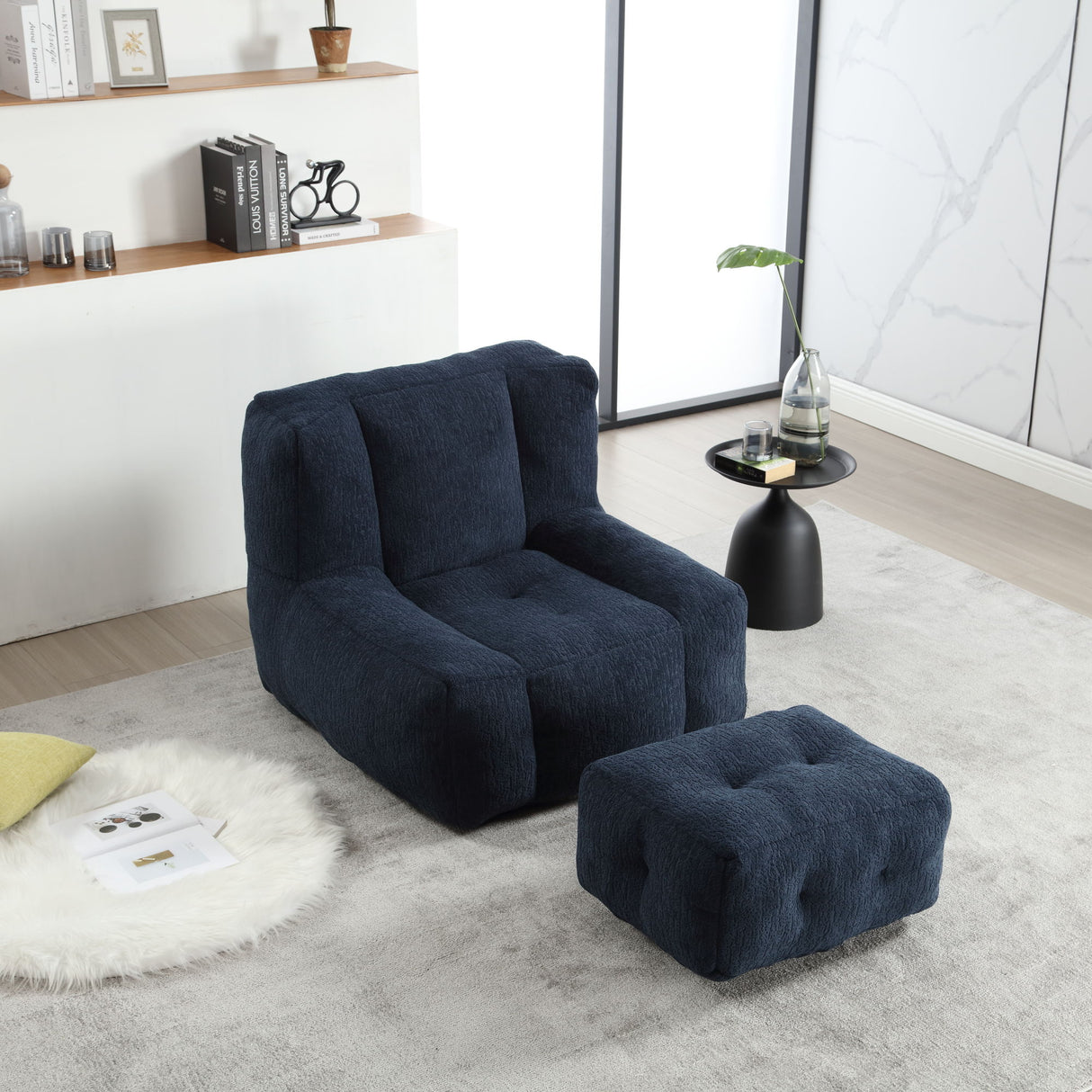 Modern Indoor Fluffy Bean Bag Chair With Memory Foam And Ottoman, Super Soft