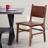 Rustic Wooden Dining Chair (Set of 2) With Genuine Leather Woven Upholstery - Brown
