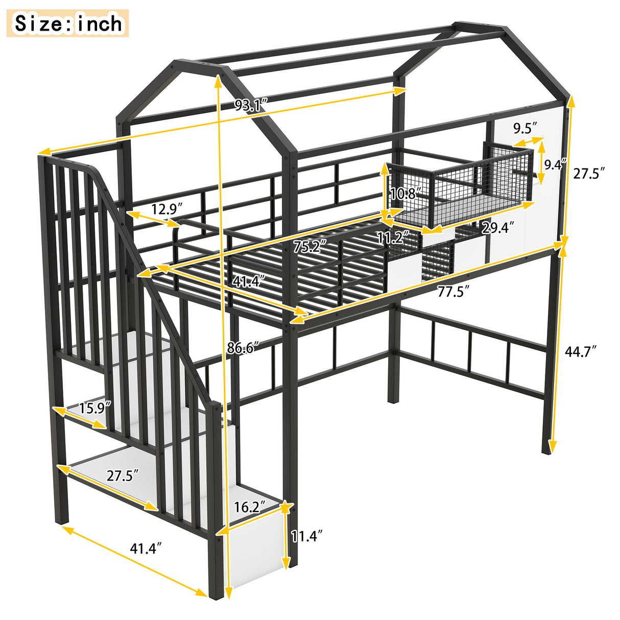 Metal Loft Bed With Roof Design And Storage Box With Guardrails And Integrated Ladder